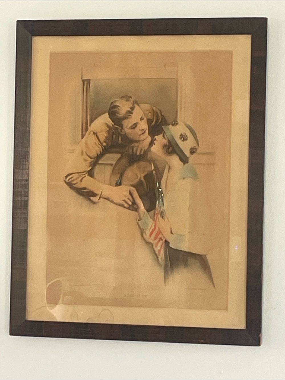 Good Luck WWII Print Soldier Girl By American Flag 1940’s Tiger Oak Frame